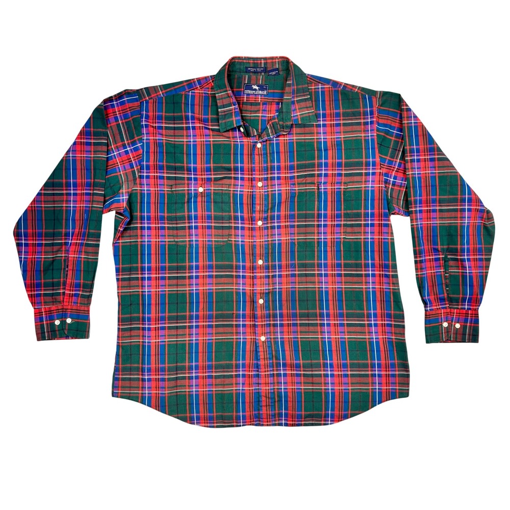 Steeplechase Mens XL Plaid Button Down Shirt Green Red Blue Long Sleeve 4893